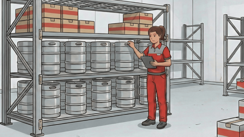 Cartoon illustration of a commercial walk-in cooler with durable steel keg shelving storing full kegs and boxed product, while a staff member checks inventory with a clipboard.