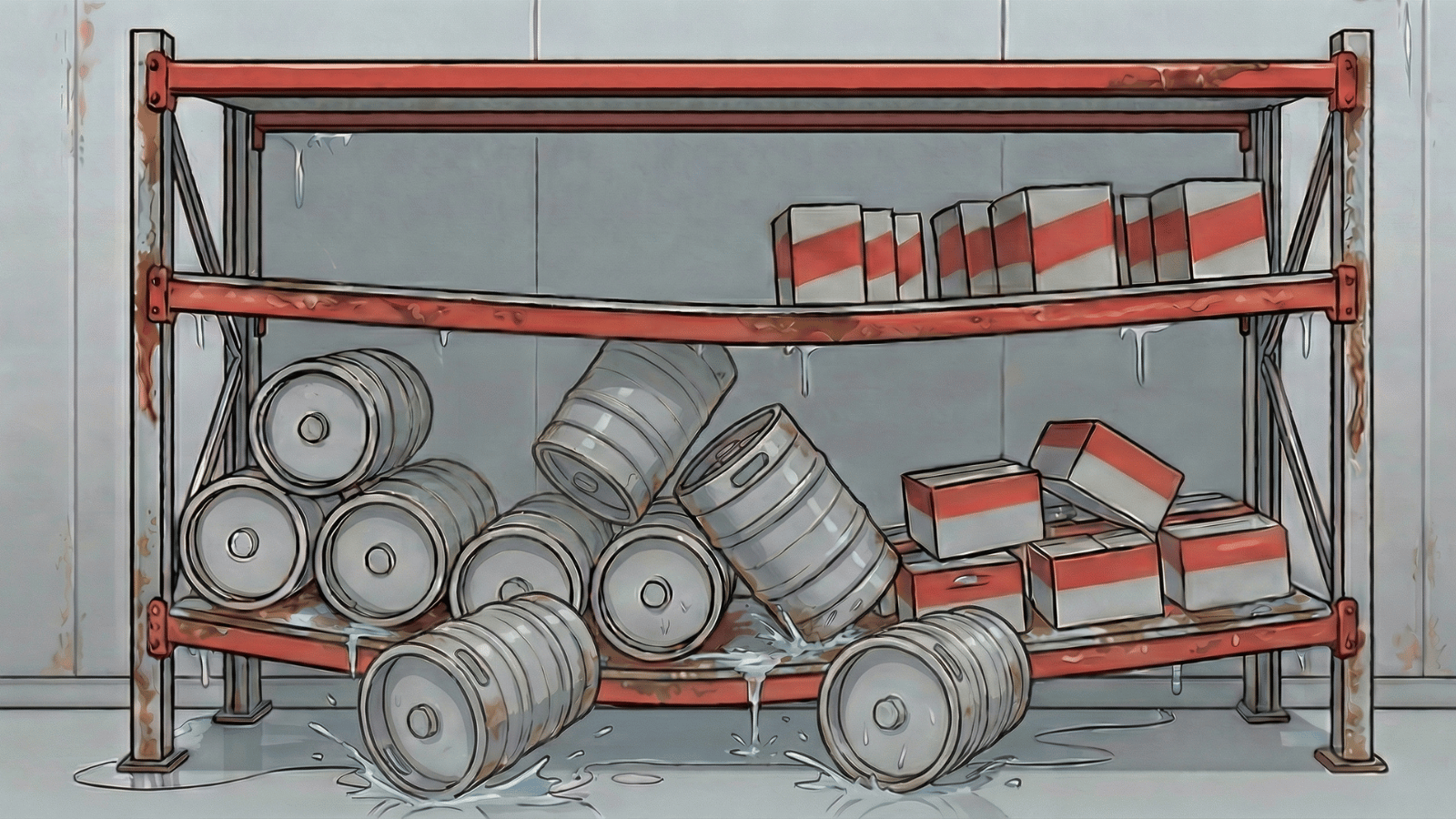 Cartoon illustration of a rusted metal keg rack inside a wet cooler, showing sagging shelves, corroded joints, and kegs shifting out of position.