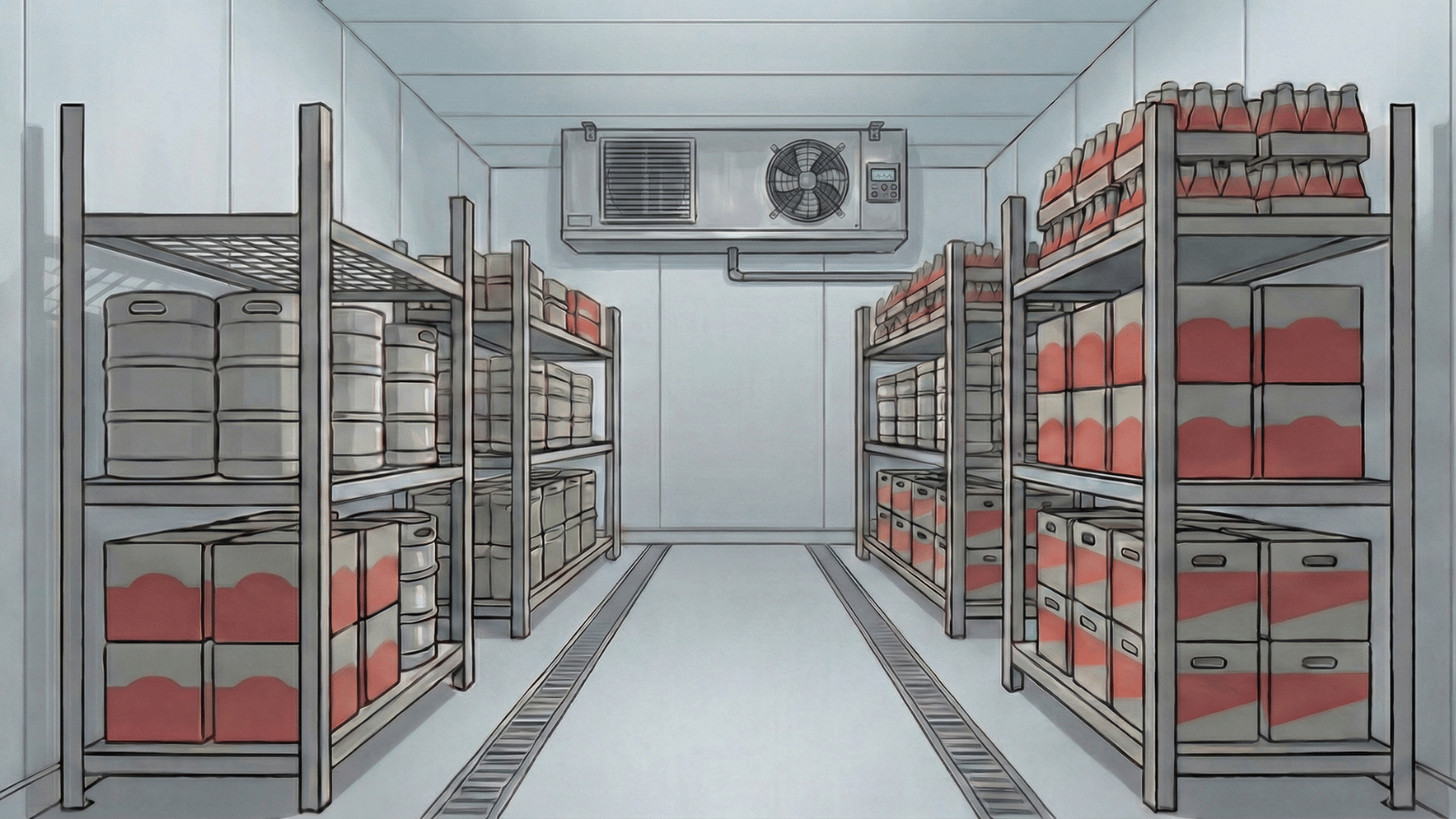 Cartoon illustration of a clean walk-in cooler with heavy-duty steel keg shelving on both sides, neatly storing kegs and boxed inventory in a stable layout.