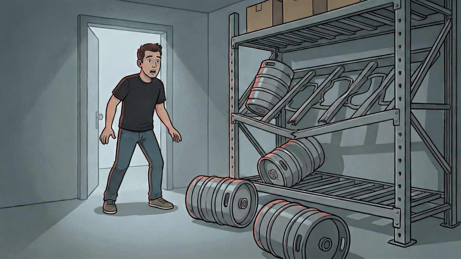Worker reacting to a misaligned keg rack as kegs tilt and fall from unstable shelving, illustrating the operational risks and safety hazards of weak storage systems.