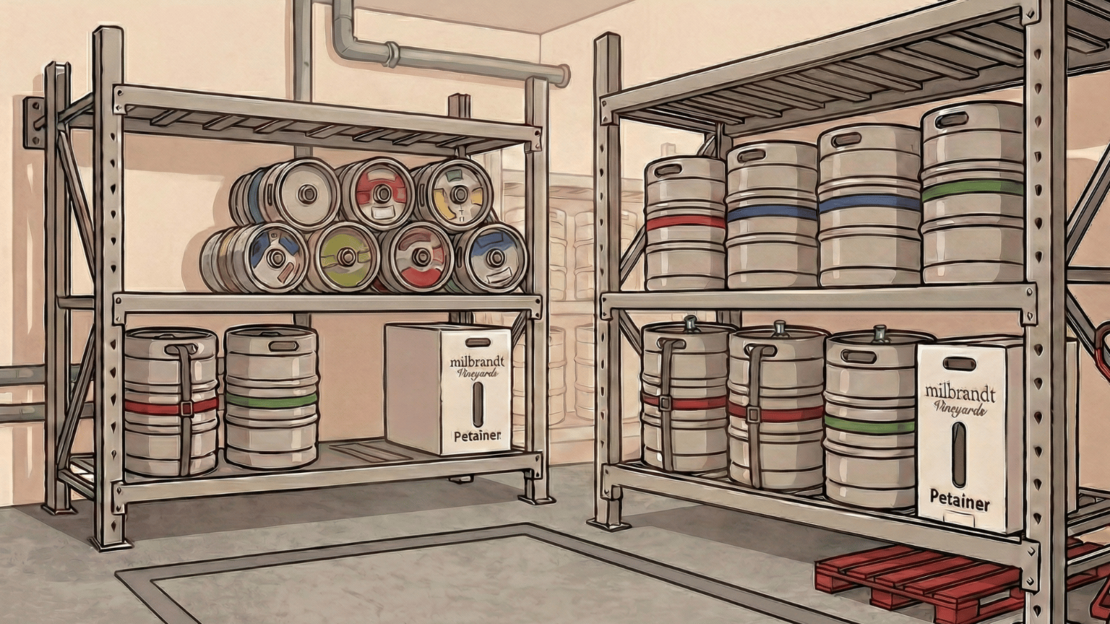 Commercial cooler with durable metal keg racks neatly storing kegs and packaged beverage containers, highlighting structured, secure storage that supports operational efficiency.