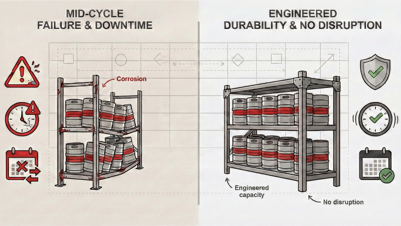 Side by side illustration comparing a corroded keg rack labeled “Mid Cycle Failure and Downtime” with a stable keg rack labeled “Engineered Durability and No Disruption.”
