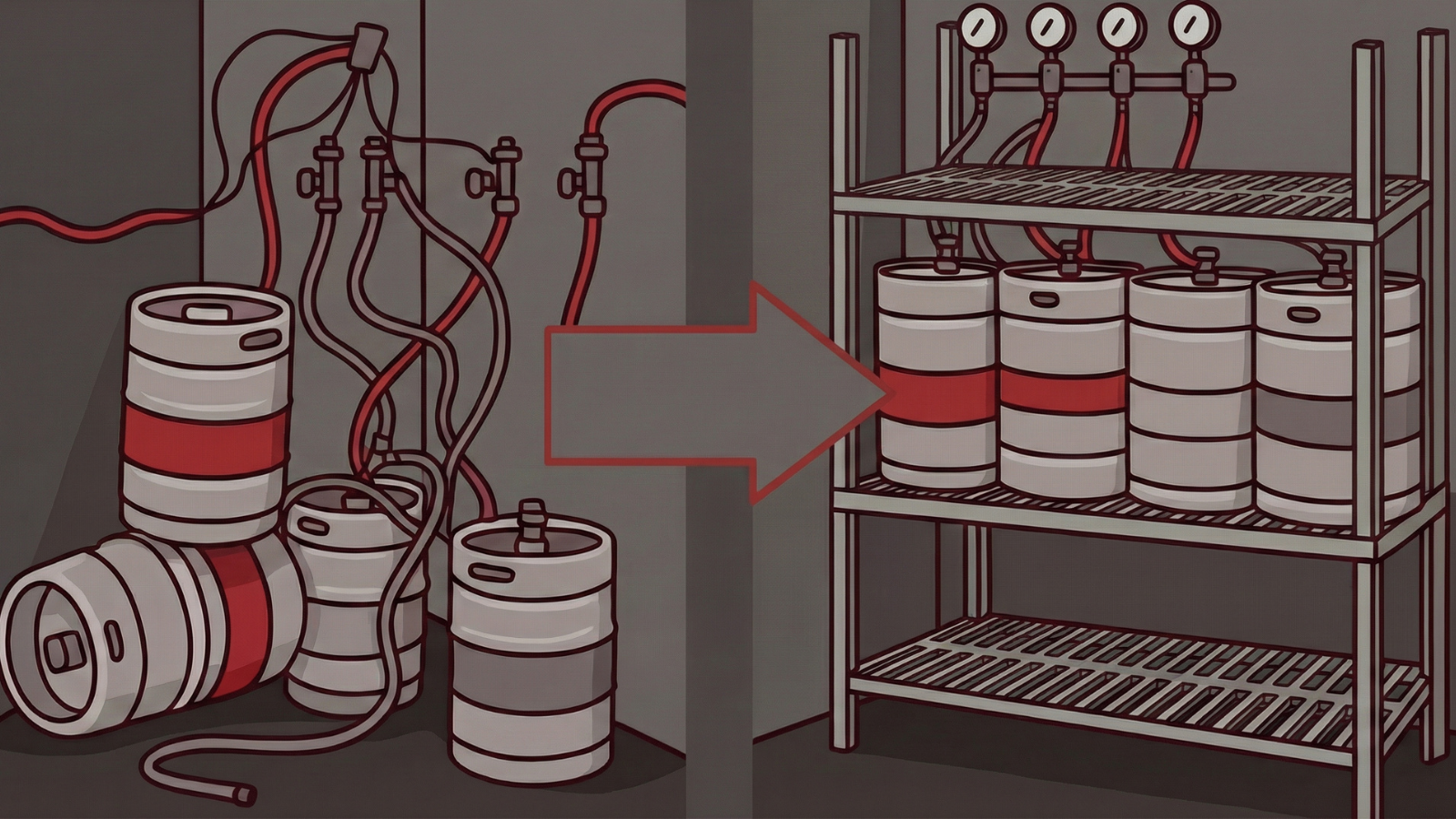 Illustration showing loose kegs and tangled beer lines on the left, with an arrow pointing to organized kegs stored on a sturdy rack on the right.