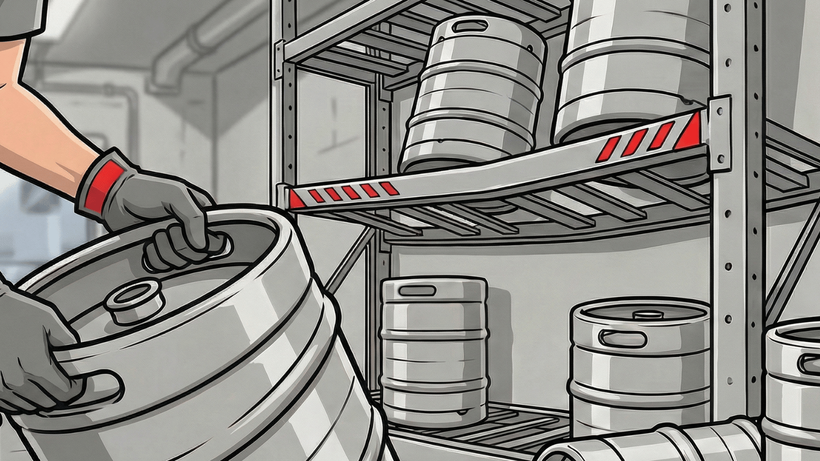 Close-up of gloved hands lifting a silver keg in a gray walk-in cooler beside a bent metal keg rack shelf with red hazard stripes and stacked silver kegs above