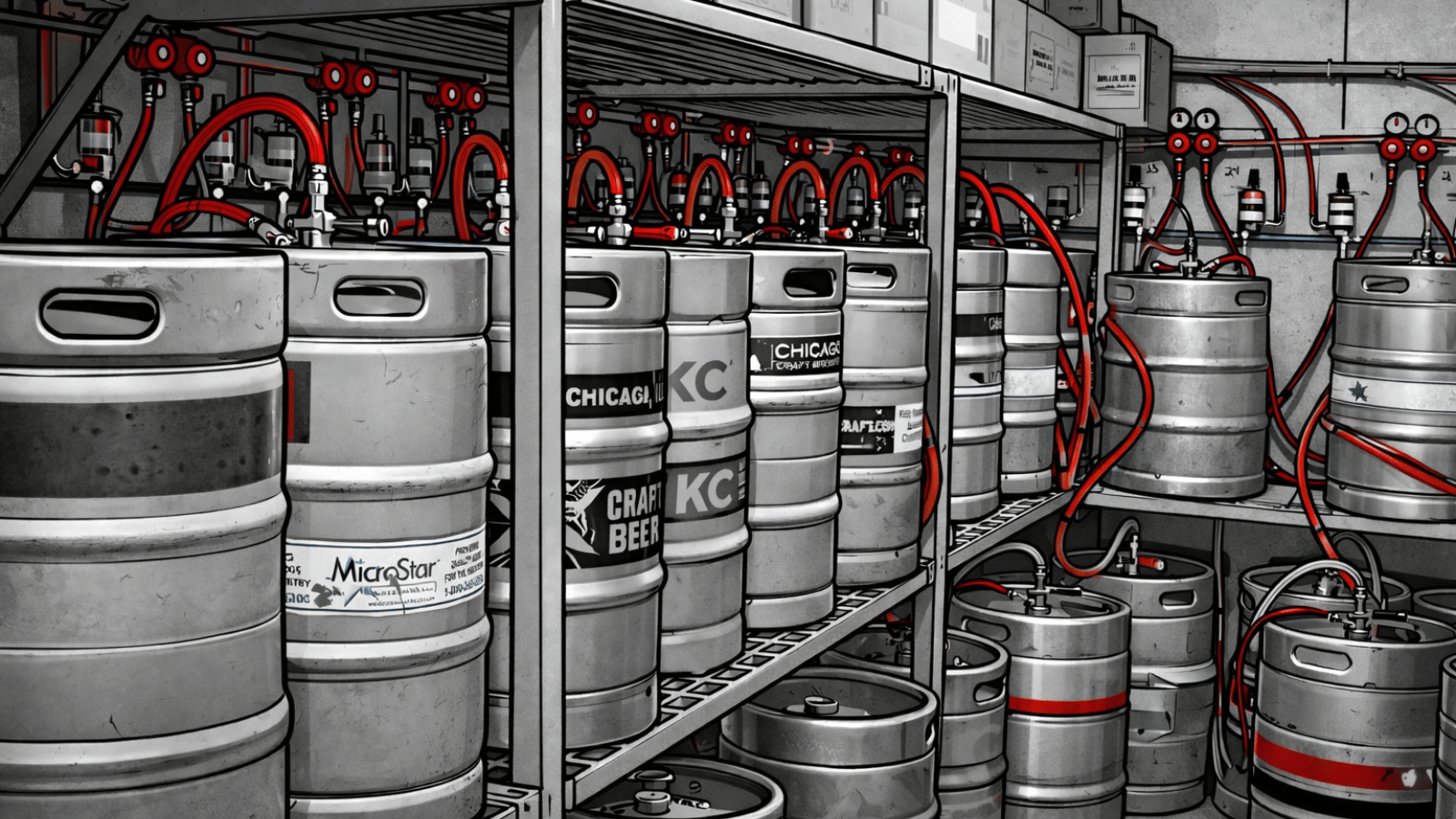 Cartoon-style gray walk-in beer cooler with silver kegs stacked on metal shelving, red beer lines and fittings running to wall-mounted tap connections, and additional kegs stored on the floor beneath the shelves